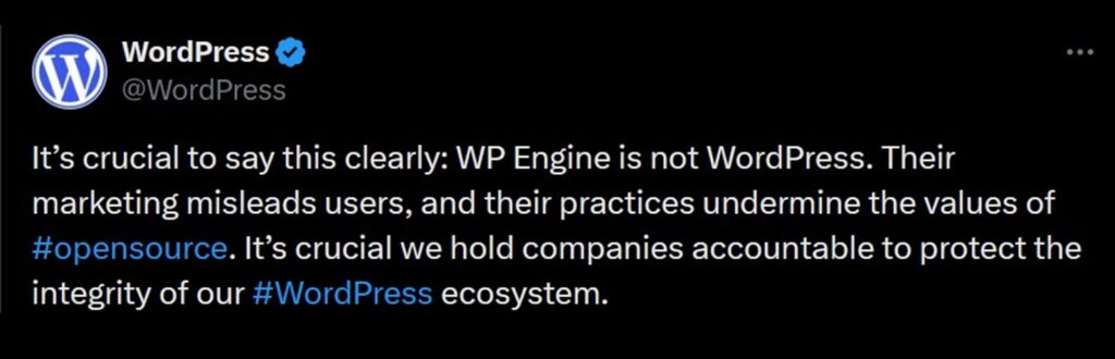 تغريدة لووردبريس تقول إن WP Engine ليست ووردبريس