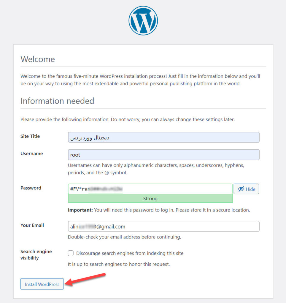 إدخال بيانات الموقع والنقر على زر تنصيب ووردبريس
